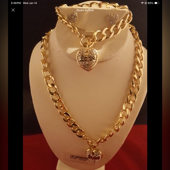 ELEGANT ROSE/GOLD 3PC CRYSTAL LOVE PUFF HEART NECKLACE BRACELET &EARRING 18Kg.p. - Picture 12 of 16